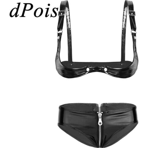 2Pcs Womens Wet Look Patent Leather Lingerie Set Open Cup Bikini Bra Top with Zipper Crotch Low Rise Bikini Briefs Underwear