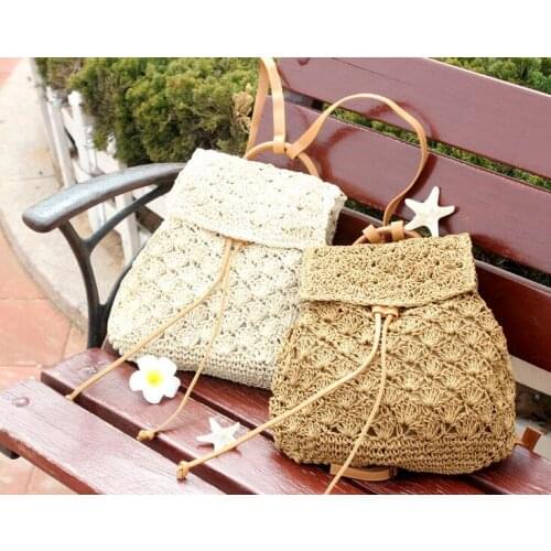 2017 Summer Women Straw Backpack Beach Bag Hollow Out Lady Drawstring Backpack Knitted Handmade Crocheted Woven Bag Travel Bag