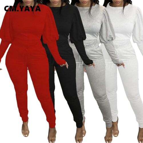 CM.YAYA Sport Sweatsuit Womens Set Lantern Long Sleeve Sweatshirt Jogger Pant Set Active Tracksuit Two Piece Fitness Outfit