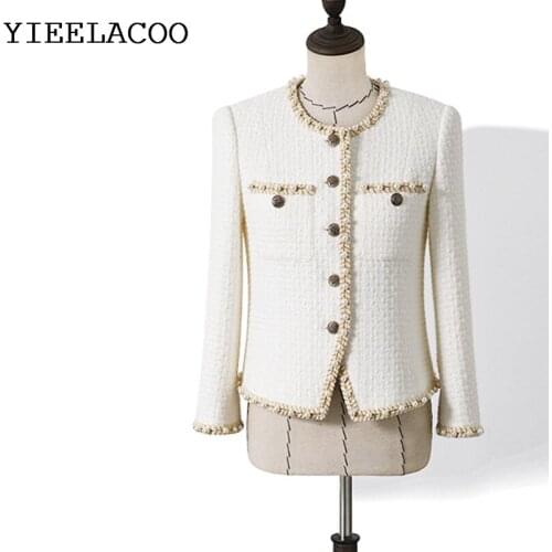 White Womens Coat Handmade Beaded Tweed Vintage Spring/Autumn Womens Coat round Neck Small Fragrant Coat