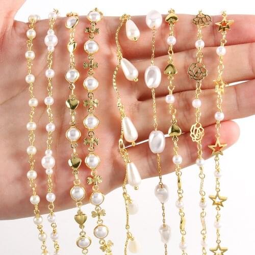 1m/lot Pearl Beads Chains Flowers Star Shape Metal Copper Chain Gold Plated for Jewelry Making DIY Bracelet Neckalce Earrings