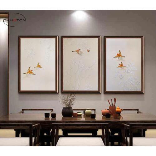 Unframed 3 Pieces/Set Chinese Ancient Paintings White Flower Orange Bird Painting Vintage Poster Painting Modern Artwork