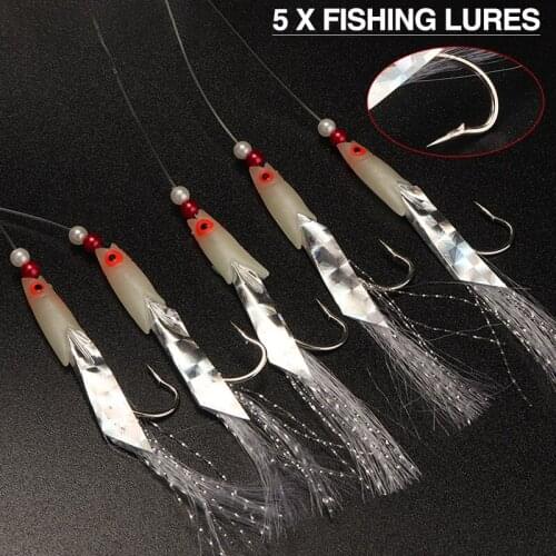 5pcs Mackerel Feathers Bass Cod Rigs Sea Boat Luminous Fishing Lures Baits For Pike Trout Salmon Artificial Bait Fishing Tackle