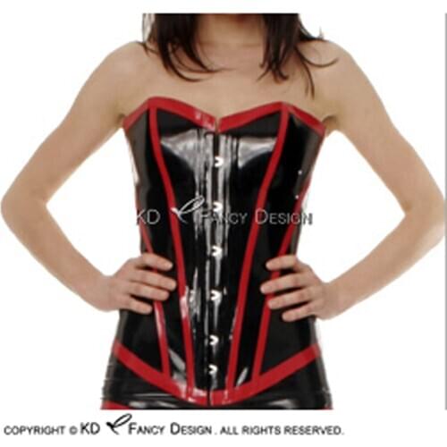 Black And Red Stripes Sexy Latex Corsets With Cup Shape Decoration Lacing Back Rubber Bustiers Top CY-0024