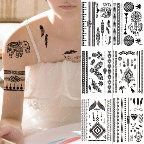 Black Mandala Flower Henna Temporary Waterproof Tattoo Sticker Women Bride Body Art Large Boho Tatoo Arm Fake Tatto Wedding