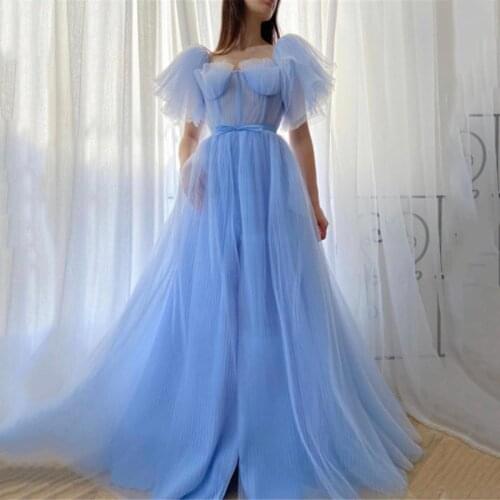 Baby Blue Long Prom Dresses 2021 Vestido de Formatura Longa Short Sleeve Women Formal Evening Gowns Special Occasion Couture