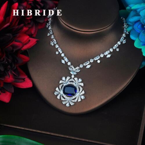 HIBRIDE Luxury Big Square Charm Blue Pendant Necklace For Women White Gold Color Torque For Women Slap-up Accessories Gift N-506