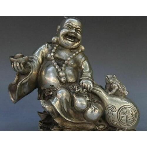 China Pure Silver Wealth Money Coin Happy Laugh Maitreya Buddha Bag Toad Statue
