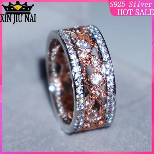 925 sterling silver Rose Golden Bead Diamond Zircon Simulation Diamond Ring Womens Baroque Wide gemstone Ring