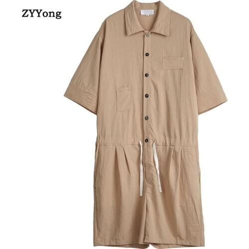 2020 Men Cargo Overalls Punk Style Hip-hop Pockets Pants Loose Solid Short Sleeve Rompers Men shorts Jumpsuit Streetwear