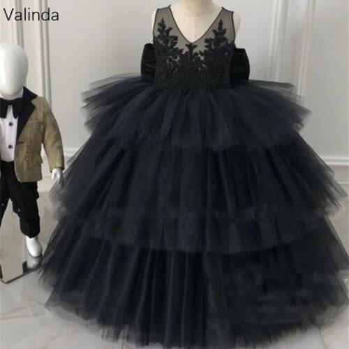 V Neck Tiered Black Girl Pageant Dresses for Birthday Pageant Party Little Princess Couture Kids Clothing