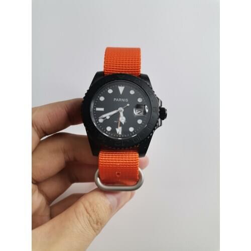 Fashional Sport Style 40mm Automatic Mens Watch GMT Function PVD Watch Case Orange Nylon Strap