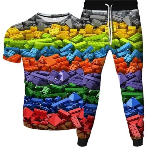 Men Women Fashion Outfit Building Blocks Pattern 3D Print Male Female Tracksuit T-Shirt Tops+Long Pants 2Pcs Set Plus Size S-6XL
