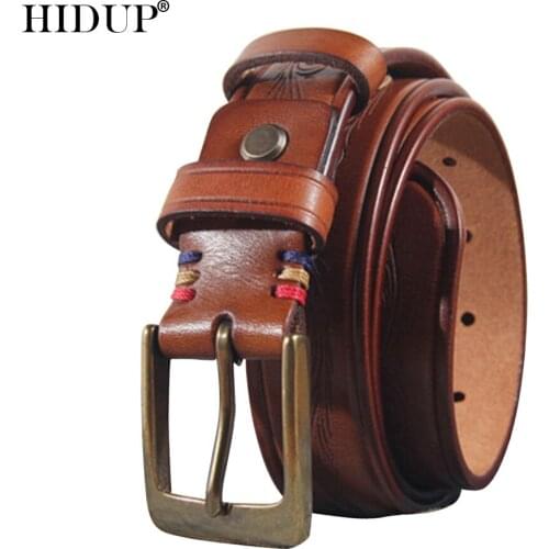HIDUP Mens Unique Retro Styles Floral Pattern 100% Cowskin Leather Belt Brass Pin Buckle Metal Belts Jeans Accessories NWJ1024