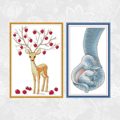 Little Elephant and Deer Cross Stitch Patterns DIY Handmade Embroidery Set 11ct 14ct Cross-stitch Painting Home Decoration