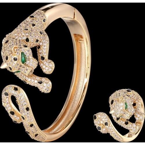 Zlxgirl brand Full pave cubic zircon leopard Bracelet with ring jewelry sets fashion Jet Enamel Animal Love Bangles gifts