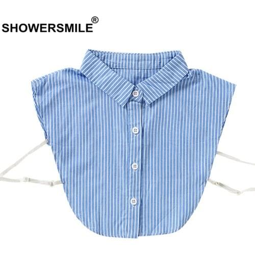 SHOWERSMILE Blue White Striped Fake Collar Women Cotton Lapel Fake False Collar Ladies Removable Shirt Collar Accessories