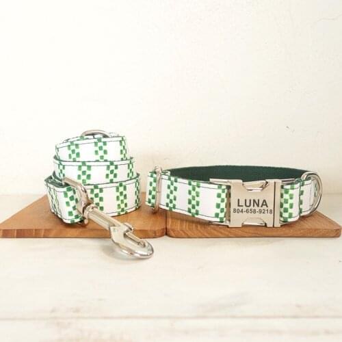 Personalized Green Cube Pet Collar Customized Puppy Nameplate ID Tag Adjustable Buckle Natural Green Basic Collars Leash Set