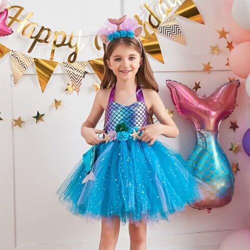 Sequin Mermaid Tutu Dresses for Girls Sling Shiny Laser Flower Starfish Decor Dress Kids Sea Theme Birthday Wedding Party Dress