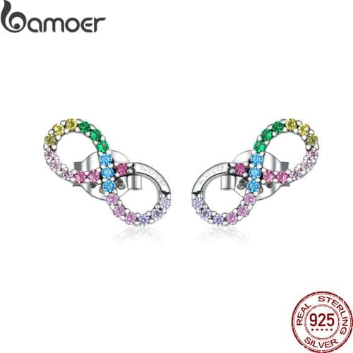 BAMOER Genuine 925 Sterling Silver Rainbow Color Infinite Love Stud Earrings for Women Fine Jewelry Bowknot Earrings New Bijoux
