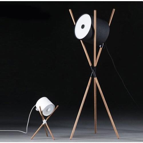 Three Wooden Floor Lamp Black White Fabric Lampshade Decorative Floor Lamp Tripod Projection Table Lamp for Bedroom Office