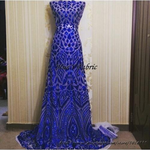 Hot Royal Blue Tulle Sequin Fabric African french lace fabric high quality for fashion party wedding dress