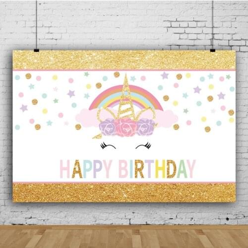 Cartoon Golden Rainbow Unicorn Backdrop Photography Photo Girl Birthday Party Room Table Decoration Kids Custom Vinyl Background