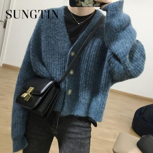 Sungtin Vintage Loose Knitted Cardigan Women Button Up Korean Fashion Cropped Sweater Coat Design Harajuku Jumper Outwear Chic
