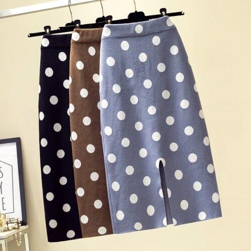TingYiLi Polka Dot Knitted Skirt Autumn Winter Women Skirt Korean Elegant High Waist Black Khaki Blue Skirt Long