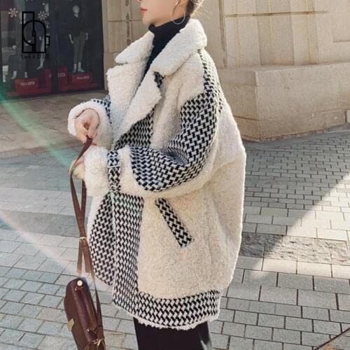 Women Plaid Teddy Fur Coats And Jackets Faux Fur Outerwear Female Overcoat Winter Long Coat Womens Fashion Vintage Plus Size