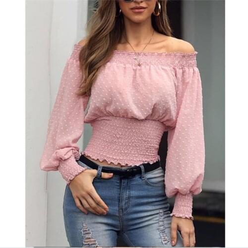 2019 Women Shoulderless Blouses Long Puff Sleeve Dots Chiffon Crop Tops Summer Slash Neck Slim Lady Shirt All-Matching Lace Tops