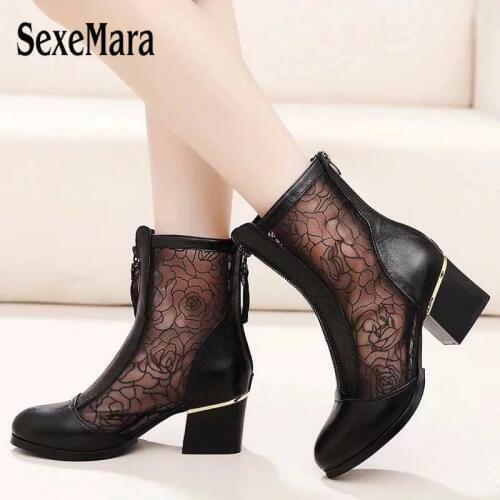 SexeMara Fashion sexy Cow Leather Boots Rose Net yarn Ankle Womens Boots Pointed Toe High heel Women Shoes Front and Back zip