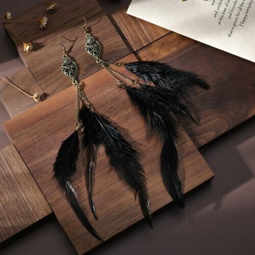 New Vintage Boho Summer Ladies Earrings Kolczyki Gypsy Long Feather Dangle Earrings For Women Tibetan Jewelry