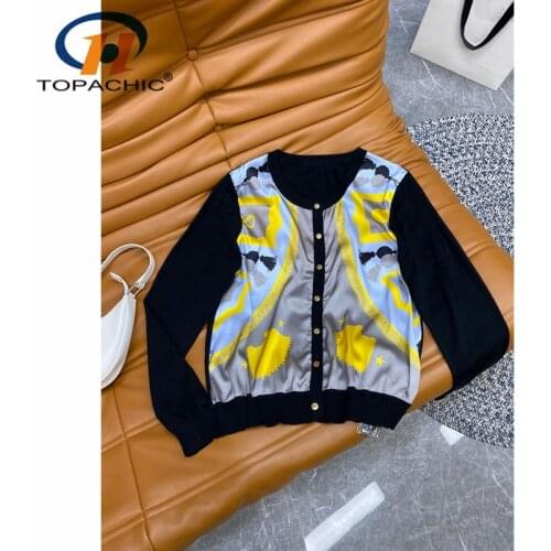 8.24 High End Quality Autumn New Silk Print Spliced Long Sleeve O-Neck Knit Cardigan Women