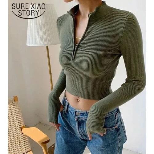 High Neck Zipper Front Knitted Sweater Women 2021 Autumn Winter Solid Basic Cropped Pullover Fashion Women Clothing Top 17016