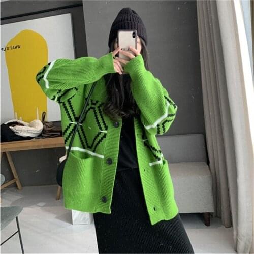 GUUZYUVIZ Green Oversized Cardigan Loose Casual Autumn Winter Sweater Women Knitted