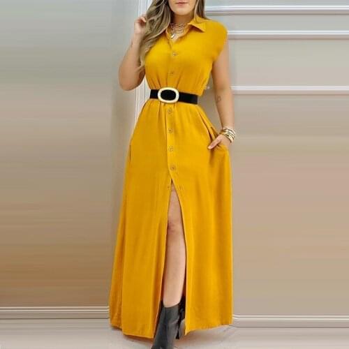 Womens Turn Down Collar Long Shirt Dress Solid Sleeveless Single Breasted Casual Lady Robe Summer Nice Elegant Fashion Dresses