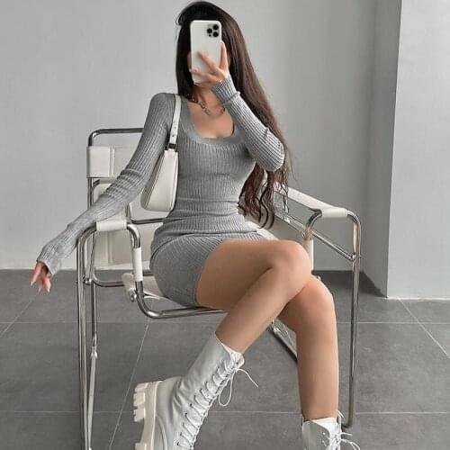WOMENGAGA Sexy O-neck Slim High Waist Long Sleeve Knit Base Dress Skinny Hip Wrap Short Women Sweater Dresses Korean 0PD8