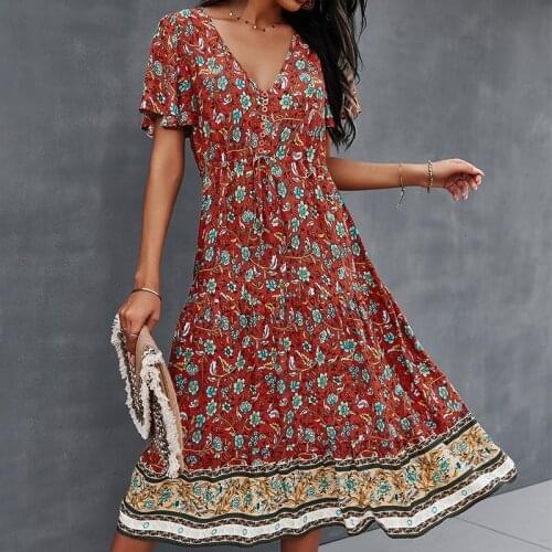 Floral Women Dress Vintage Boho High Waist Midi Dress Elegant Sexy V Neck Party Womens Dresses Oversized Print Female Vestido