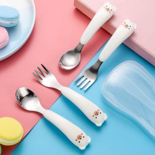 1/2/4PCS Baby Gadgets Tableware Set Cartoon Food Children Utensil Stainless Steel Ceramic Handle Dessert Coffee Spoon Fruit Fork