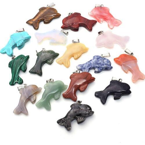 12pcs/lot Assorted Labradorite Green Zebra Jaspers Fluorite Natural Stone Carved Dolphin Charms Pendants for Jewelry Making Free