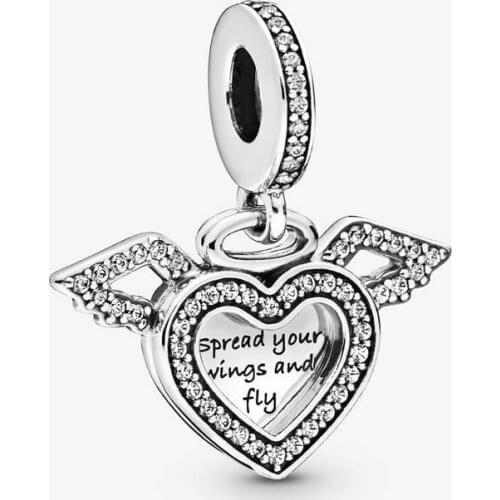 2020 Real 925 Sterling Silver Heart & Angel Wings Dangle Charm Fit 3mm Bracelet Heart & Angel Pendant DIY Jewelry Gift