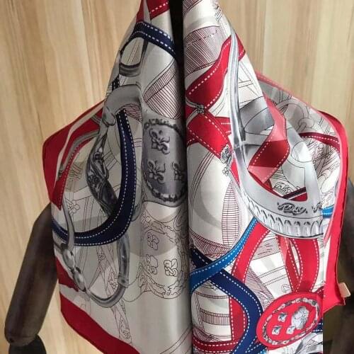 2021 new arrival winter spring classic red chain 100% real silk scarf twill hand made roll 90*90 cm shawl wrap for women lady