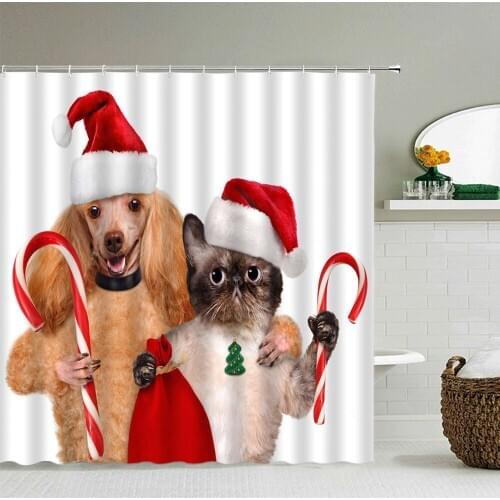 Merry Christmas Cat Dog Santa Claus 3d Bathroom Curtains Shower Curtains Decoration With Hooks Home Fabric Bath Screen