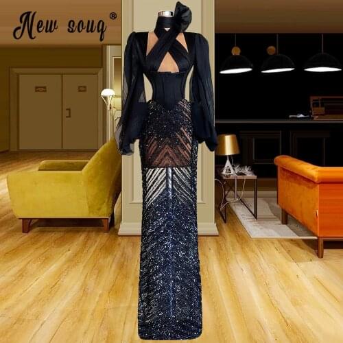 Glitter Mermaid Evening Dresses Navy Blue Puff Sleeve Celebrity Dress Sexy Women Longue Robes вечернее платье real photos