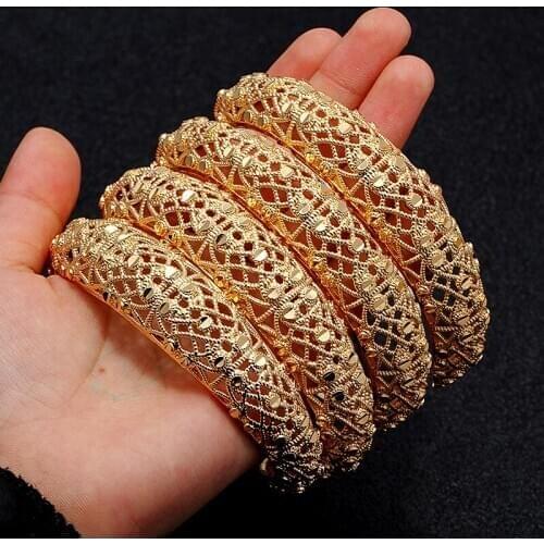1-4pcs Dubai Ethiopia Africa France Gold Color Bangles for Women Simple Style Copper jewelry handmade Wedding Party Jewelry gift