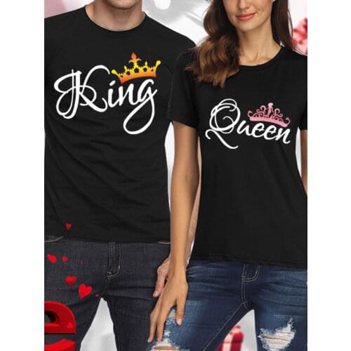 KING QUEEN Crown Print Couple T Shirt Lovers Short Sleeve O Neck Loose Tshirt Fashion Woman Man Tee Shirt Tops Clothes