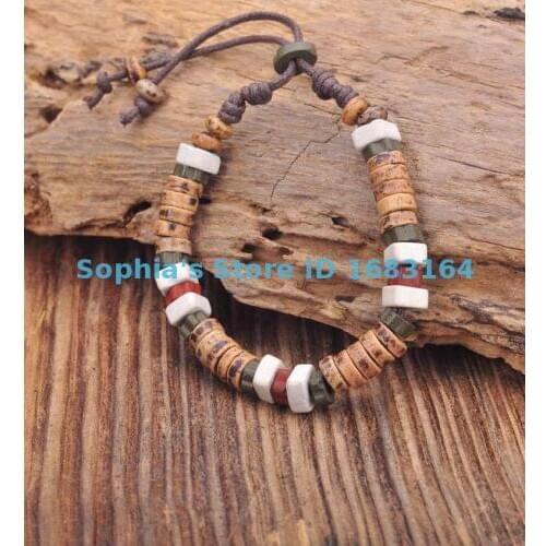 G164 C Handmade Craft Hemp Surfer Wristband Bracelet Bangle Ceramic Clay Beads Mens
