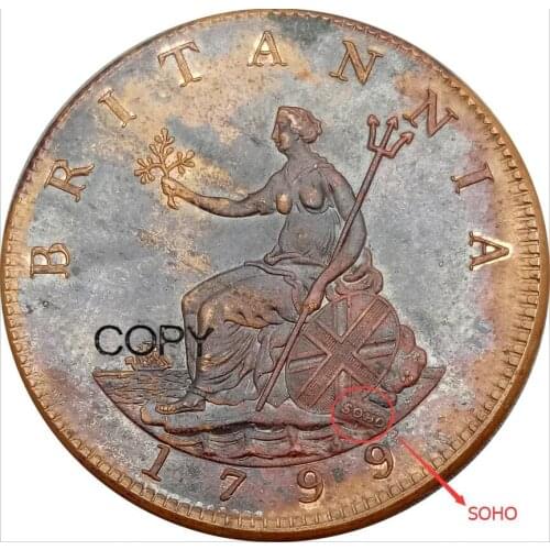 Great Britain 1/2 Half Penny 1799 George III 3rd issue Red Copper Copy Coins
