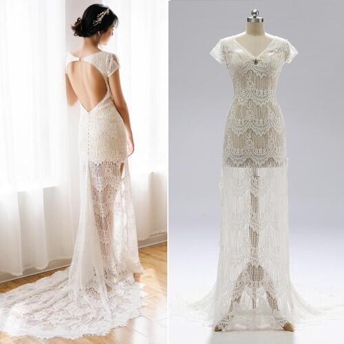 Lace Boho Mermaid Wedding Shoot Dress Long Sleeve Beach Short Sleeve V Neck Backless Bridal Gowns Factory 2021 New Spring #1702